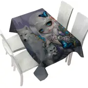 Winter Fairy with Two White Wolves and Butterflies Tablecloth