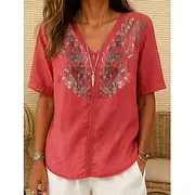 Women's Cotton Linen Shirt embroidery Plants Elegant Vintage Fashion Short Sleeve V Neck Regular Tops Daily Going out Weekend Embroidered Red Navy Blue Light B