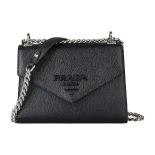 【PRADA 普拉達】PRADA Saffiano黑LOGO防刮皮革釦式斜背包(黑)