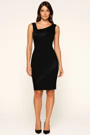 Two-tone Asymmetric Neckline Little Black Sheath Dress