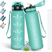 Water Bottle 1 Litre, Water Bottle with Straw, Sports Water Bottle, Can Be Carried, Water Bottle with Time Marking, Leak-Proof, Water Bottle for Running, Camping, Hiking,
