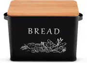 Black Bread Box for Kitchen Counter, Metal Bread Storage Bin with Wooden Cutting
