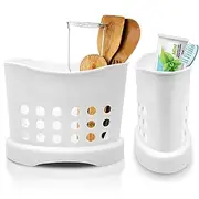 White Utensil Holder for Kitchen Counter - 2 Divided Basket Sink Utensil Holder Toothbrush Holders Fork and Spoon Organizer Bathroom Caddy - White Plastic Utensil Crock Bathroom Toothbrush Holder