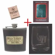 WILD TURKEY BOURBON HUGE ETCHED GLASS 400ml + HIP FLASK 6 Oz 170ml BNIB BOXED
