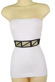 Women Black Elastic Band Fashion Hip High Waist Belt Gold Triangle Buckle S M