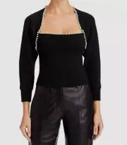 $350 Alice + Olivia Women's Black Wilma Pearl Trim Shrug Sweater Size Large