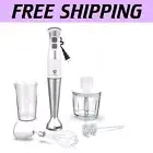Elegant White Immersion Blender Set: Whisk, Chopper, Frother & 600ml Container