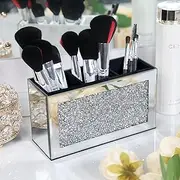 SHYFOY Mirrored Makeup Brush Holder Organizer, 3 Slot Glass Cosmetics Brushes Storage Holders with Crystal Crushed Diamond, Cute Pen and Pencil Holder for Desk, Eyeliners Display Case for Vanity
