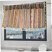 Window Valances, Boho Striped Short Curtains with Tassels 18x52 Inch Colorful Pattern Farmhouse Kitchen Curtains for Bedroom, Living Room or Cafe, Valence for Windows, Short