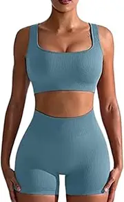 [SunBlue] Seamless Workout Outfits for Women 2 Piece Set – High Waist Ribbed Leggings & Sports Bra, Yoga, Gym, Exercise Wear