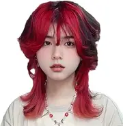 Long Red Black Wig Layered Shaggy Wig with Bangs Soft Synthetic Cosplay Hair Wig for Women (Red Black, 12inch)