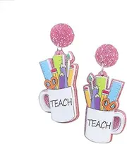 [Pingyongchang] Cute Colorful Pen Holder Glitter Acrylic Dangle Drop Earrings Funny Pencil Scissors Ruler Earrings for Women Back to School Jewelry Teachers Appreciation Day Gift