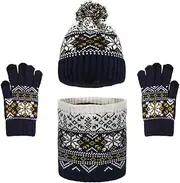 [SIQITECHUK] 3 Pieces Kids Winter Beanie Hat Scarf and Gloves Set Warm Thick Knit Crochet Fluffy Hat with Cute Pom Pom for Boys and Girls Children Aged 5-8 Years Old
