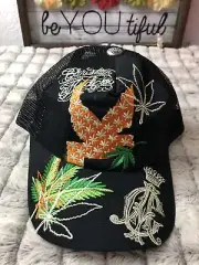 Christian Audigier Hat Cap Mesh Adjustable Black Marijuana Leaf Bird Logo NWT