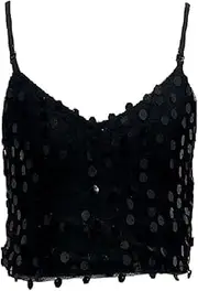 [Generic] Woman V-Neck Sparkly Sequins Dance Crop Top Dance Bra Vest Shirt Performance (AU, Alpha, One Size, Regular, Regular, Black)