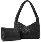 CLUCI Woven Shoulder Bag for Women，Vegan Leather Purse Tote Handbag 2PS Black