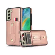 Hidden Card Slot Case for Samsung Galaxy S21 FE, with Leather Loop Strap - Rose Gold