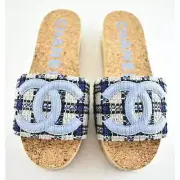 Chanel 20P Blue Tweed Denim CC Logo Cork Mule Slide Slip Platform Sandal Flat 41