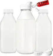 32oz/1L Glass Milk Bottle with Dispenser Cap, 3 Pack Glass Juice Bottles - 3 Airtight Reusable Screw Lid & 3 Removable Silicone Sealing Gaskets, Jug Pitcher, Water, Syrup, Honey, Buttermilk
