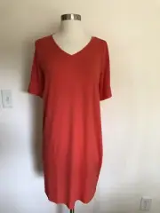 NWT Eileen Fisher Red Lory Tencel Jersey V Neck Shift Dress Sz PM $188