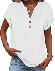 [Generic] Women's V Neck Short Sleeve T Shirt Summer Button Down Shirt Elegant Loose Plain Casual Tops for Women