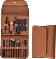 16pcs Manicure Pedicure Set Finger Toe Nail Clippers Scissors Grooming Tool with Leather Case Kit for Women Men,Dark Brown