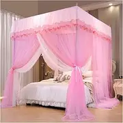 4 Corner Post Princess Bed Canopy with Double-Layer Lace Design, Breathable Sheer Mesh for Girls and Adults Bedroom Decoration, Fits Single to King Beds(Pink+White,200 * 220cm)