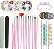 DIY Glitter Nail Rhinestones Decorations Dotting Tool, DIY Nail Art Tools with 15Pcs Painting Brushes, 5 Dotting Tools 4 Boxes Rhinestones 10 Striping Tapes 2 Nail File and A Claw Brush. (Pink)