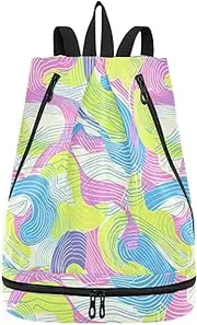 Yoogain Colorful Doodle Waves Drawstring drawstring bags trendy backpack gym bag with Wet Dry Compartments, Colorful Doodle Waves, 1 size