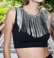 ZARA FRINGED SEAMLESS JEWEL CROP BLACK TOP sz XS-S COLLECTION