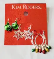 Kim Rogers 3 Pair Earrings Ornaments Snowflakes Lights Holiday NEW