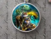 TREE MOON WOLF WOLVES ANIMAL pendant 22" Sterling 925 Silver plated necklace