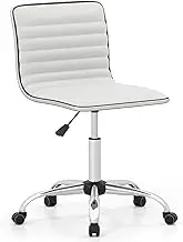 Giantex Task Chair, Adjustable Office Chair with Swivel Seat & Universal Wheels, Upholstered Computer Desk Chair, Armless Conference Chair, Modern Vanity Chair, White