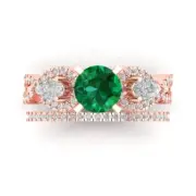 2ct Round Cut Pear 3 stone Emerald Stone Ring Band bridal Set 14k solid Gold