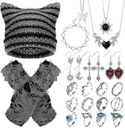 [Quelay] 22 Pcs Y2k Grunge Knitted Cat Beanie with Fairy Grunge Ripped Glove Earrings Necklace Rings Set Horn Accessories Slouchy Hat Crochet Beanie with Ears (Black), Metal, alloy