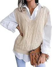 [KEOYA] Women's V-Neck Sweater Vest Argyle Plaid Sleeveless Crop Top Knitwear Cable Knit Tank Tops for Girls Ladies S-L