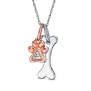Natural Diamond Accent Paw Print and Dog Bone Pendant in Sterling Silver and 14K Rose Gold Plate