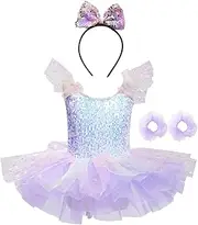 [FEESHOW] Girls Shiny Sequins Ballet Dress with Headband Sleeves Set Ballet Suit Tutu Skirt Ballet Leotard Competition