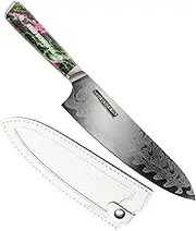 Damascus Chef Knife 21 cm, 45 Layer AUS-10 Steel Kitchen Knife, Includes Leather Sheath