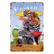 Cruising Chevy Rat Fink Stoked Man Tin Metal Sign Rustic Look Vintage