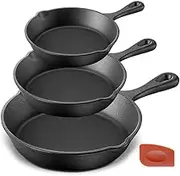 NutriChef Pre-Seasoned Cast Iron Skillet 3 Pieces Kitchen Frying Pan Nonstick Cookware Set w/Drip Spout-Silicone Handles, Scraper-Electric Stovetop, Induction, Gas Range, Ceramic
