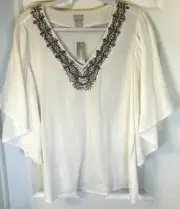 Chico's Blouse XL 16/18 White Gauze Flutter Sleeve Alabaster Boho Tunic Top NWT