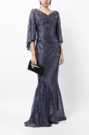Talbot Runhof Doris Metallic Voile Draped Cape Gown Dress Blue Silver Size 2 New