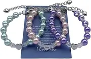 [DOLON] 3 Pack Stainless Steel Heart Granddaughter,Sister,Daughter Bracelets with Rhinestone Purple/Pink/Blue Faux Pearls Beads Handmade for Birthday Christmas Back to School Gifts