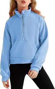 [Naiyafly] Girls Sweatshirts Half Zip Cropped Hoodie for Girls Stand Collar Fleece Jumper Pullover with Front Pockets Thumb Hole Size 7-8 8-10 10-12 12-14Y