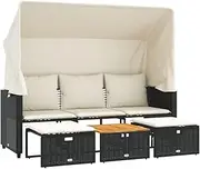 vidaXL Garden Sofa 3-Seater with Retractable Canopy/Table/Stools - Black PE Rattan Patio Bench, Acacia Wood Top, Washable Cushions