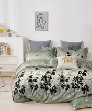 Botanist Dark Green Black Floral 5 piece bedding set DOUBLE, QUEEN, KING (Quilt Cover, Flat Sheet, Fitted Sheet, 2 Pillow Cases)