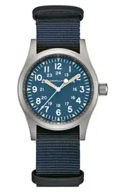 Hamilton Khaki Field Mechanical NATO Strap Watch, 38mm in Blue at Nordstrom One Size