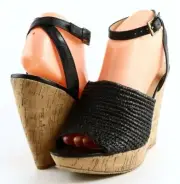 $120 ENZO ANGIOLINI CANTONE Black Woven Designer Shoe Open Toe Cork Wedges 8.5