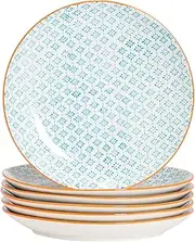 [Nicola Spring] Hand-Printed Dinner Plates - 25.5cm - Blue - Pack of 6 - Porcelain Decorative Patterned Dining Dish Plates for Snacks, Starters, Dinner, Dessert